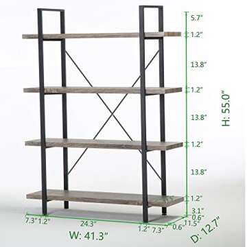 HSH 4-Shelf Vintage Industrial Bookshelf, Rustic Gray Wood and Metal 4 Tier Bookcase, Open Wide Etag...