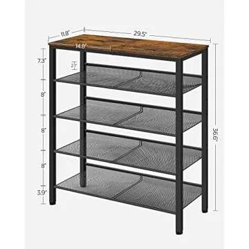 VASAGLE Shoe Rack for Entryway, 5-Tier Shoe Rack Organizer with Storage Shelves and Spacious Top, Freestanding, Adjustable, Industrial, Rustic Brown and Ink Black ULBS038B01