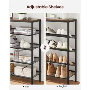 VASAGLE Shoe Rack for Entryway, 5-Tier Shoe Rack Organizer with Storage Shelves and Spacious Top, Freestanding, Adjustable, Industrial, Rustic Brown and Ink Black ULBS038B01