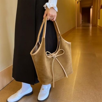 JOLILUNA Bow Suede Tote Bag for Women Brown Suede Bucket Tote Bag Burgundy Suede Work Tote Bag Hobo Handbags with Bow (Brown)
