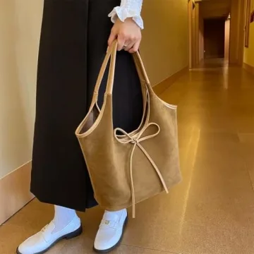 JOLILUNA Bow Suede Tote Bag for Women Brown Suede Bucket Tote Bag Burgundy Suede Work Tote Bag Hobo Handbags with Bow (Brown)