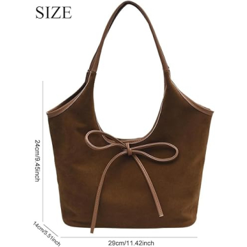 JOLILUNA Bow Suede Tote Bag for Women Brown Suede Bucket Tote Bag Burgundy Suede Work Tote Bag Hobo Handbags with Bow (Brown)