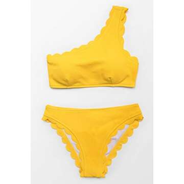 CUPSHE Women's Solid Wavy Edge One-Shoulder Bikini Set Rain of Petals Yellow