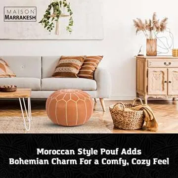 Maison Marrakech | Premium Beautiful Handmade Real Moroccan Tan Brown Leather Footstool Pouf from Marrakech | Colour Tan Brown with White Stitching | Delivered unstuffed 22.5 x 12.5 inches