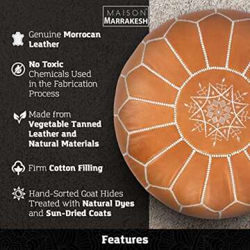 Maison Marrakech | Premium Beautiful Handmade Real Moroccan Tan Brown Leather Footstool Pouf from Marrakech | Colour Tan Brown with White Stitching | Delivered unstuffed 22.5 x 12.5 inches