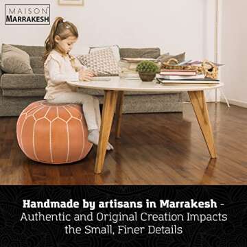 Maison Marrakech | Premium Beautiful Handmade Real Moroccan Tan Brown Leather Footstool Pouf from Marrakech | Colour Tan Brown with White Stitching | Delivered unstuffed 22.5 x 12.5 inches