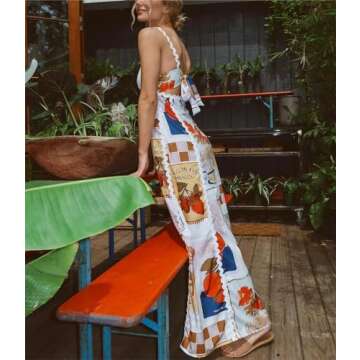 Women Boho Colorful Spaghetti Strap Dress Summer Vacation Beach Long Sun Dress RIC Rac Floral Flowy ...