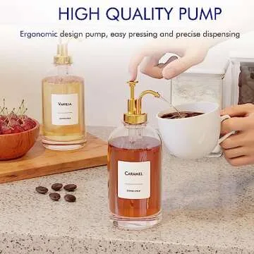 16.9 oz/500 ml Coffee Syrup Dispenser Set - 6 Glass Bottles with Gold Pumper and Syrup Labels - Precise Dispensing and Stylish Addition to Coffee Shop, Cafe or Home Bar