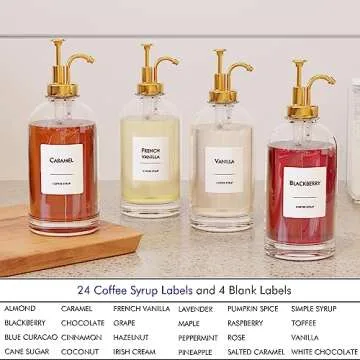 16.9 oz/500 ml Coffee Syrup Dispenser Set - 6 Glass Bottles with Gold Pumper and Syrup Labels - Precise Dispensing and Stylish Addition to Coffee Shop, Cafe or Home Bar