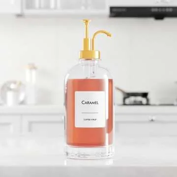 16.9 oz/500 ml Coffee Syrup Dispenser Set - 6 Glass Bottles with Gold Pumper and Syrup Labels - Precise Dispensing and Stylish Addition to Coffee Shop, Cafe or Home Bar