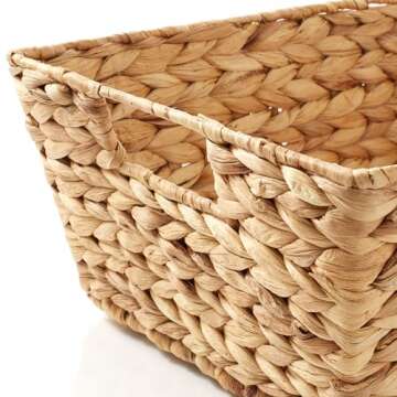 Casafield Set of 2 Water Hyacinth Pantry Baskets with Handles, Chalkboard Labels, and Marker - Natural, Wide Woven Storage Bin Organizers for Kitchen Shelves