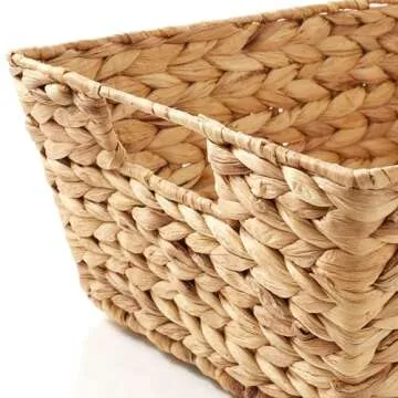 Casafield Set of 2 Water Hyacinth Pantry Baskets with Handles, Chalkboard Labels, and Marker - Natural, Wide Woven Storage Bin Organizers for Kitchen Shelves