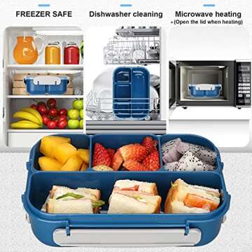 Ylebs Bento Box 1300ML Bento Lunch Boxes For Adults,4 Compartment Lunch Containers With Spoon & Fork,Microwave & Dishwasher & Freezer Safe,BPA Free (Blue)