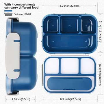 Ylebs Bento Box 1300ML Bento Lunch Boxes For Adults,4 Compartment Lunch Containers With Spoon & Fork,Microwave & Dishwasher & Freezer Safe,BPA Free (Blue)
