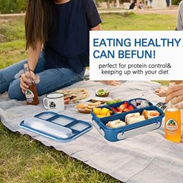 Ylebs Bento Box 1300ML Bento Lunch Boxes For Adults,4 Compartment Lunch Containers With Spoon & Fork,Microwave & Dishwasher & Freezer Safe,BPA Free (Blue)