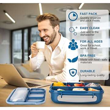 Ylebs Bento Box 1300ML Bento Lunch Boxes For Adults,4 Compartment Lunch Containers With Spoon & Fork,Microwave & Dishwasher & Freezer Safe,BPA Free (Blue)