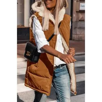 PRETTYGARDEN Womens Fall Reversible Vests Sleeveless Fleece Jacket Zip Up Hoodie Pockets Long Winter Puffer Coat Outerwear (Brown,Small)