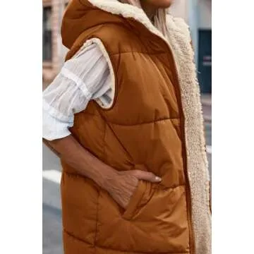 PRETTYGARDEN Womens Fall Reversible Vests Sleeveless Fleece Jacket Zip Up Hoodie Pockets Long Winter Puffer Coat Outerwear (Brown,Small)