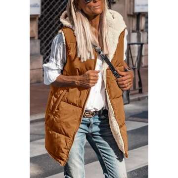 PRETTYGARDEN Womens Fall Reversible Vests Sleeveless Fleece Jacket Zip Up Hoodie Pockets Long Winter Puffer Coat Outerwear (Brown,Small)