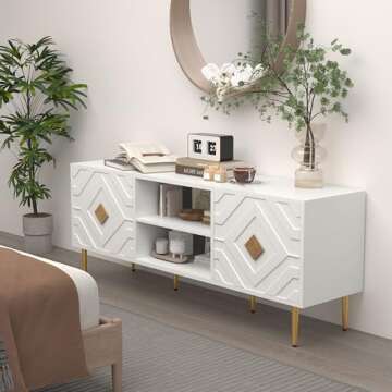 HLR TV Stand for 65/70/75 inch TV, Entertainment Center with Storage Cabinets and Embossed Pattern Doors, Mid Century Modern Media TV Console Table for Living Room Bedroom