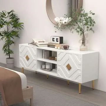 HLR TV Stand for 65/70/75 inch TV, Entertainment Center with Storage Cabinets and Embossed Pattern Doors, Mid Century Modern Media TV Console Table for Living Room Bedroom