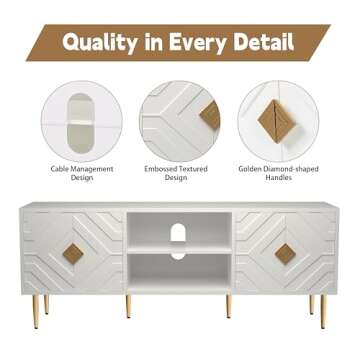 HLR TV Stand for 65/70/75 inch TV, Entertainment Center with Storage Cabinets and Embossed Pattern Doors, Mid Century Modern Media TV Console Table for Living Room Bedroom