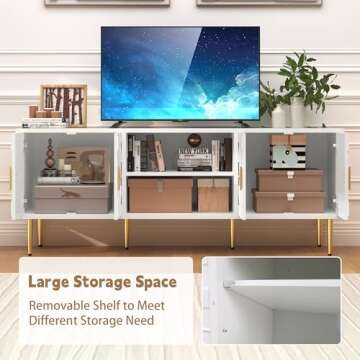 HLR TV Stand for 65/70/75 inch TV, Entertainment Center with Storage Cabinets and Embossed Pattern Doors, Mid Century Modern Media TV Console Table for Living Room Bedroom