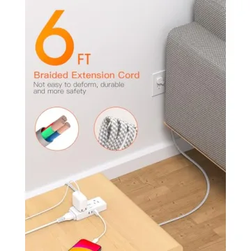 6ft Flat Extension Cord with USB Ports for Home