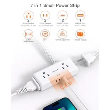 6ft Flat Extension Cord with USB Ports for Home