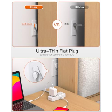 6ft Flat Extension Cord with USB Ports for Home