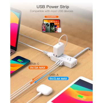 6ft Flat Extension Cord with USB Ports for Home