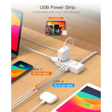 6ft Flat Extension Cord with USB Ports for Home