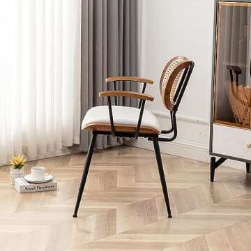YOUUGIOR Rattan Dining Room Chairs Set of 2,Mid Century Modern Kitchen Side Chairs, Metal Legs Desk Chairs,Linen Fabric Accent Chairs with Arms and Rattan Backrest,Beige Fabric