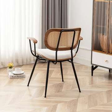 YOUUGIOR Rattan Dining Room Chairs Set of 2,Mid Century Modern Kitchen Side Chairs, Metal Legs Desk Chairs,Linen Fabric Accent Chairs with Arms and Rattan Backrest,Beige Fabric