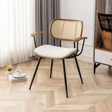 YOUUGIOR Rattan Dining Room Chairs Set of 2,Mid Century Modern Kitchen Side Chairs, Metal Legs Desk Chairs,Linen Fabric Accent Chairs with Arms and Rattan Backrest,Beige Fabric