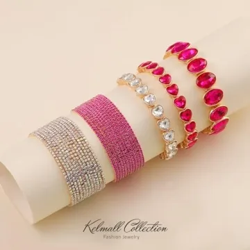 KELMALL Party Prom Stretch Rhinestone Bracelet for Women, Trendy Exquisite Heart Geometric Crystal Elastic Bangle Packaged with Jewelry Box