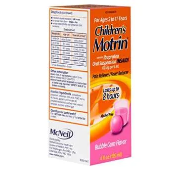 Motrin Children's Oral Suspension Medicine, 100 mg Ibuprofen, Kids Fever Reducer & Pain Reliever for Minor Aches & Pains Due to Cold & Flu, Alcohol-Free, Bubble Gum Flavored, 4 fl. oz