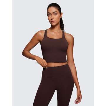 CRZ YOGA Butterluxe Womens Y-Back Racerback Longline Sports Bra - Padded Scoop Neck Workout Crop Tank Top with Built in Pads Hot Fudge Brown X-Large