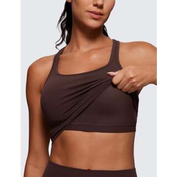 CRZ YOGA Butterluxe Womens Y-Back Racerback Longline Sports Bra - Padded Scoop Neck Workout Crop Tank Top with Built in Pads Hot Fudge Brown X-Large