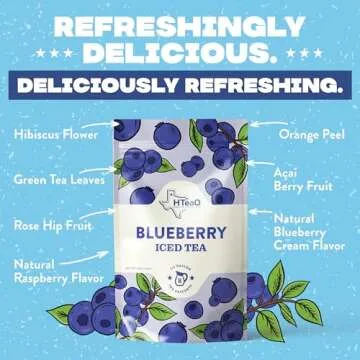 HTeaO Iced Tea Sachets - Blueberry Green Tea Mix for Instant Ice Tea - 8 Gallons Per Package - Real Texas-Style Flavored Iced Tea in 5 Minutes (Pack of 16 Sachet Bags)