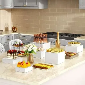 NIUBEE Buffet Risers, 3PCS Acrylic Risers for Display Dessert Figures Collectible Show, White Cube Display Nesting Riser with Hollow Bottoms 6"x7"x8"