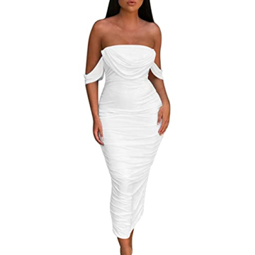HOCILLE Women's Sexy Ruched Bodycon Strapless Off Shoulder Midi Club Party Tube Dresses, Small, White Double Layer