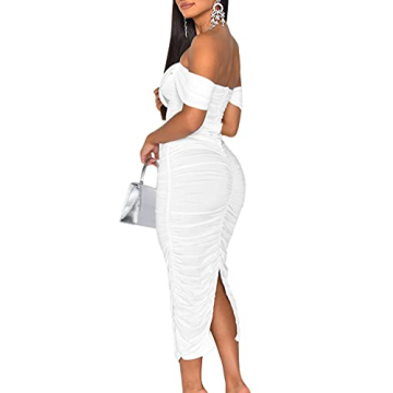HOCILLE Women's Sexy Ruched Bodycon Strapless Off Shoulder Midi Club Party Tube Dresses, Small, White Double Layer