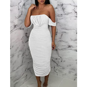 HOCILLE Women's Sexy Ruched Bodycon Strapless Off Shoulder Midi Club Party Tube Dresses, Small, White Double Layer
