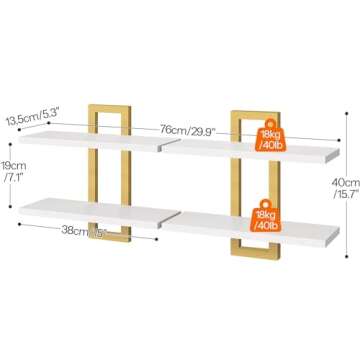 HOOBRO Floating Shelves, 15 Inch Wall Shelf Set of 2, Wall Mounted Storage Shelves 2-Tier, Hanging Bathroom Shelves, for Living Room, Bedroom, Bathroom, Kitchen, White and Gold DW32BJ01