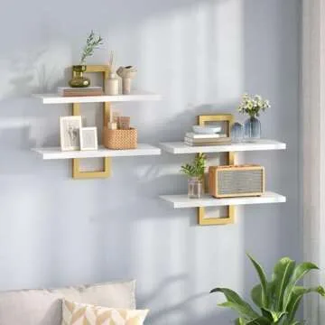 HOOBRO Floating Shelves, 15 Inch Wall Shelf Set of 2, Wall Mounted Storage Shelves 2-Tier, Hanging Bathroom Shelves, for Living Room, Bedroom, Bathroom, Kitchen, White and Gold DW32BJ01