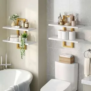 HOOBRO Floating Shelves, 15 Inch Wall Shelf Set of 2, Wall Mounted Storage Shelves 2-Tier, Hanging Bathroom Shelves, for Living Room, Bedroom, Bathroom, Kitchen, White and Gold DW32BJ01