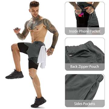 OEBLD Mens Athletic Shorts 2-in-1 Gym Workout Running 7'' Shorts with Towel loop Grey