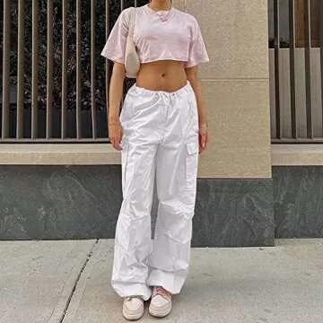 NHCDFA Parachute Pants for Women, Cargo Pants Women Baggy, Y2K Low Waist Wide Leg Baggy Relaxed Jogger Pants Off White 1 S
