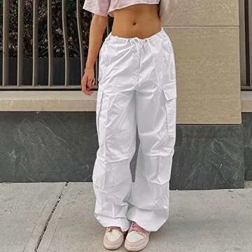 NHCDFA Parachute Pants for Women, Cargo Pants Women Baggy, Y2K Low Waist Wide Leg Baggy Relaxed Jogger Pants Off White 1 S